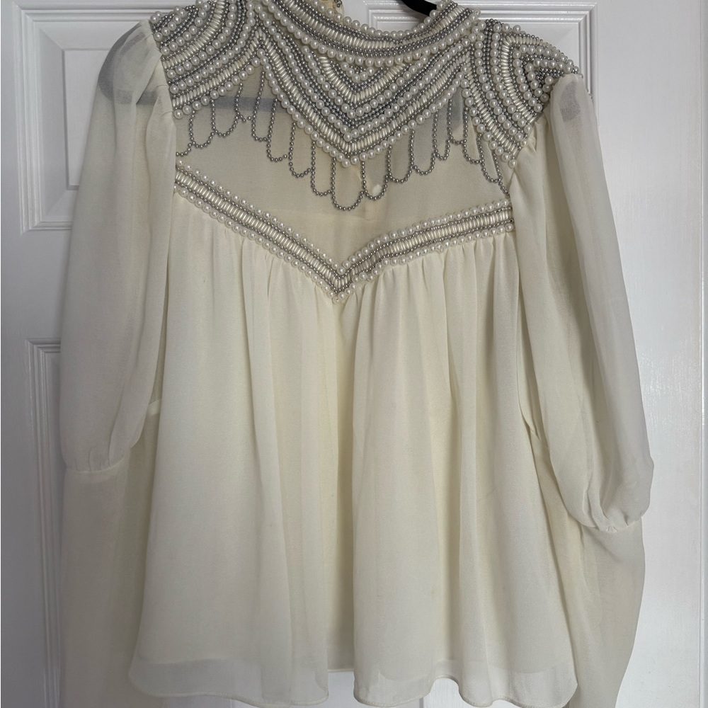 ASOS Cream Embellished Ruffled Bib Collar Blouse